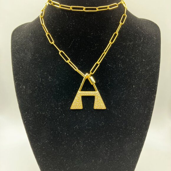 Brass Letter "A" Pendant Cubic Zirconia adjustable 20 inch Paper Clip Chain NEW - Picture 11 of 12